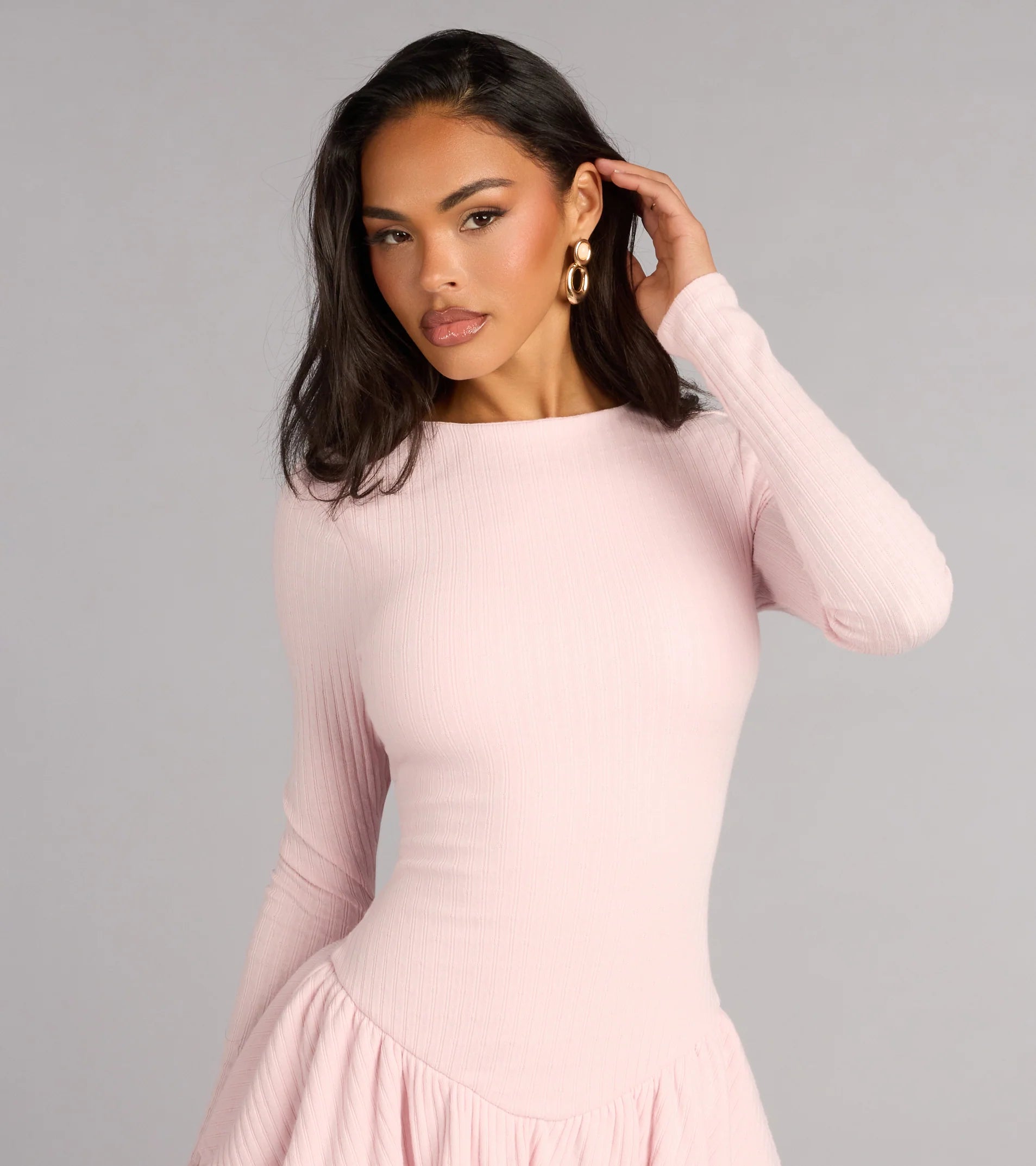 high neck long sleeve skater dress boohoo Women's Plus Size Pleated Skirt Long Sleeve Skater Dress